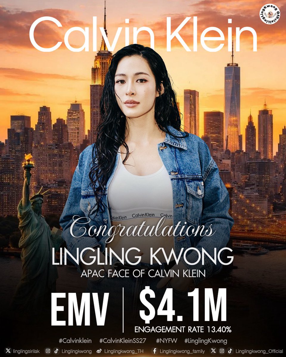 lingling_fans's tweet photo. 𝐂𝐨𝐧𝐠𝐫𝐚𝐭𝐮𝐥𝐚𝐭𝐢𝐨𝐧𝐬 𝐭𝐨 𝐋𝐢𝐧𝐠𝐥𝐢𝐧𝐠 𝐊𝐰𝐨𝐧𝐠 𝐨𝐧 𝐚 𝐑𝐞𝐦𝐚𝐫𝐤𝐚𝐛𝐥𝐞 $𝟒.𝟏𝐌 𝐄𝐌𝐕 𝐚𝐭 𝐍𝐘𝐅𝐖 𝐒𝐒𝟐𝟕 🏆

ขอแสดงความยินดีกับ “หลิงหลิง คอง” กับอีกหนึ่งความสำเร็จที่น่าภาคภูมิใจจากงาน “New York Fashion Week” ที่ผ่านมา ✨

จากการปรากฏตัวครั้งแรกร่วมกับแบรนด์ “Calvin Klein” ในฐานะ “APAC Face of Calvin Klein” บนเวทีแฟชั่นระดับโลกอย่าง NYFW พี่หลิงสามารถสร้างมูลค่า EMV (Earned Media Value) ได้สูงถึง $4.1M หรือประมาณ 136 ล้านบาท พร้อม Engagement Rate 13.40% อีกหนึ่งตัวเลขที่สะท้อนให้เห็นถึงพลังของพี่หลิง และแรงสนับสนุนจากแฟน ๆ ที่ร่วมกันส่งต่อทุกโมเมนต์ไปสู่สายตาทั่วโลก

ทุกการสนับสนุน ทุกโพสต์ และทุกการมีส่วนร่วมของแฟน ๆ ล้วนเป็นส่วนหนึ่งของความสำเร็จในครั้งนี้ ขอบคุณแฟน ๆ ทุกคนที่คอยจับมือกันเดินไปกับพี่หลิง และพาพี่หลิงมาถึงอีกหนึ่งก้าวสำคัญที่น่าภาคภูมิใจนะคะ 🤍

🖇️ https://t.co/pwFv6f8lhR 

#LinglingkwongxCalvinklein #CalvinKleinSS27 #NYFW 
#Calvinklein #LinglingKwong
@CalvinKlein @linglingsirilak