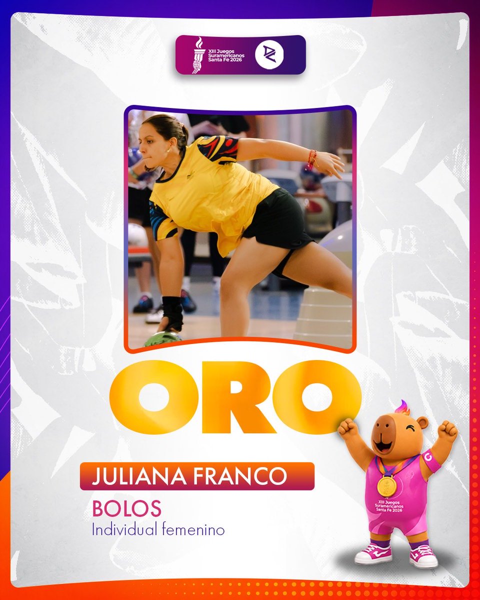 DeportColombia's tweet photo. #Bolos 🎳 | ¡ORO y PLATA Colombia🥇🥈!

La delegación se quedó con la medalla de oro y plata en la prueba de los bolos femenina individual, luego de que Juliana Franco dominara la dos jornadas, seguida por María José.

Podio:
🥇 COL 🇨🇴
🥈 COL 🇨🇴
🥉 ARU 🇦🇼

#SantaFe2026 https://t.co/QTF3vKjA9u