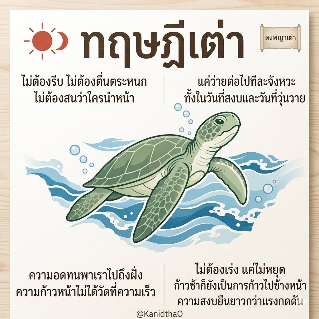 KanidthaO's tweet photo. 🐢 ทฤษฎีเต่า | ปรัชญาชีวิตของคนที่ไม่ยอมถูกกลืนไปกับความเร่งรีบ💨

ในยุคที่โลกบอกให้เรา “วิ่ง”🏃 ตลอดเวลา...เรามักเผลอเอาชีวิตไปลงแข่งในลู่ของคนอื่น จนเกิดภาวะ Panic กลัวล้าหลัง กลัวสำเร็จไม่ทันเพื่อน และลงเอยด้วยอาการเหนื่อยล้าจนหมดไฟ

ถ้าโลกมันหมุนเร็วเกินไป ลองหยุดฟัง "ทฤษฎีเต่า" ดูสักครั้ง

ในมหาสมุทรอันกว้างใหญ่ เต่าทะเลไม่เคยสนใจว่าปลาตัวไหนจะว่ายแซงหน้ามันไป สิ่งเดียวที่มันทำ คือการรักษา "จังหวะ" ของตัวเองเอาไว้ แล้วว่ายต่อไปข้างหน้าอย่างมั่นคง ทั้งในวันที่น้ำนิ่งและในวันที่พายุเข้า

💡 3 สัจธรรมชีวิต สกัดจาก #ทฤษฎีเต่า

▪ ความก้าวหน้าไม่ได้วัดที่ความเร็ว: สังคมอาจกดดันให้เราต้องสปีด แต่ความจริงคือ "ก้าวช้าก็ยังเป็นการก้าวไปข้างหน้า" การเดินอย่างมั่นคงและถูกทิศทาง มีค่ากว่าการวิ่งสุดแรงเกิดแต่หลงทางจนล้มเหลว

▪ ความอดทนพาเราไปถึงฝั่ง: ความสำเร็จในระยะยาวไม่ได้สร้างเสร็จในข้ามคืน มันคือผลลัพธ์ของความสม่ำเสมอ ไม่ต้องเร่ง... แค่ไม่หยุดเดินในลู่ของตัวเองก็พอ

▪ ความสงบยืนยาวกว่าแรงกดดัน: แรงกดดันจากภายนอกพุ่งเข้ามาแล้วก็ผ่านไป แต่จิตใจที่สงบและรู้ว่าตัวเองกำลังทำอะไรอยู่ จะเป็นพลังงานที่ยั่งยืนที่สุดในการประคองชีวิตไปจนถึงเป้าหมาย

พอรู้แบบนี้ก็ทำให้เราได้ฉุกคิด และหยุดเปรียบเทียบไทม์ไลน์ชีวิตตัวเองกับหน้าฟีด social คนอื่น เพราะชีวิตคือการเดินทางไกล และเกิดความสำเร็จในจังหวะของเราเอง

ขอแค่ไม่รีบ ไม่ตื่นตระหนก รักษาจังหวะให้ดี แล้วว่ายต่อไป 🌊

#พัฒนาตัวเอง #จิตวิทยา #ข้อคิดเตือนสติ #แรงบันดาลใจ #Mindfulness