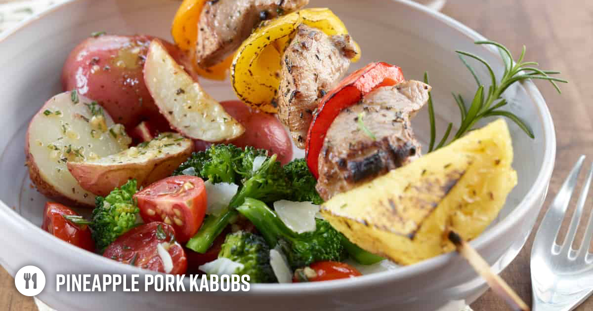 ShopRedSun's tweet photo. Don’t put the barbecue away until you’ve made these kabobs! The pineapples acidity complements the pork beautifully. Try using #RedSunFarms Artisan Series Cocktail Tomatoes or #CherryTomatoes on-the-vine in the Rosemary Veggies for juicy perfection. RECIPE https://t.co/waKafYfZmi https://t.co/Nmwrbaeo0V