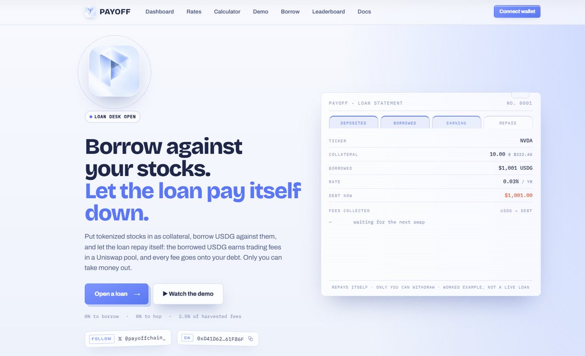 payoffchain_'s tweet photo. the token is the loud part. this is the quiet part

you can open a loan right now. put your stock tokens in, borrow USDG, and watch the trading fees start landing on the debt

https://t.co/wao7AnEBsz https://t.co/XzW31bJDeb
