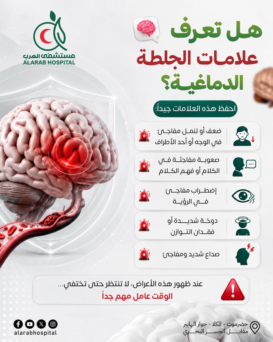 alarabhosp's tweet photo. 🧠 هل تعرف علامات الجلطة الدماغية؟

#الجلطة_الدماغية
#مخ_وأعصاب
*#مستشفى_العرب*
*#ثقة_وأمان* https://t.co/ve87w5o4zA