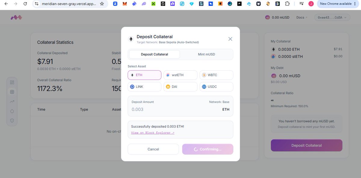 asherwins44's tweet photo. 2nd project I tested: Meridian https://t.co/uAc8CPu6ta

- Deposited $7.93 ETH  
- Borrowed $3 mUSD  

Everything went smoothly.

🧵 https://t.co/8Zj08ChNlo