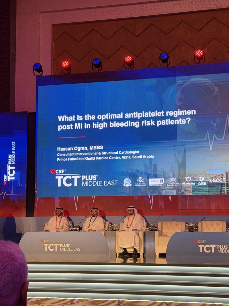 HassanOgran's tweet photo. Honoured to present at #TCTMiddleEast2026 on the optimal antiplatelet regimen after MI in patients at high bleeding risk. 

Sharing the main points below. 1/7

@TCT_ME_ @crfheart https://t.co/Kcn0PmLiDf