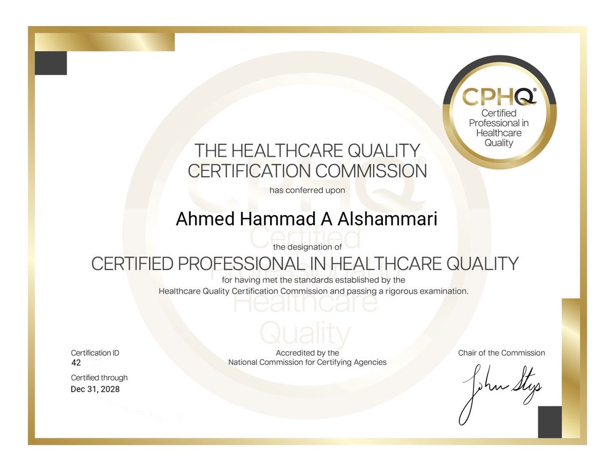 iAHMEDHOM's tweet photo. Certified Professional in Healthcare Quality (CPHQ®)
شهادة محترف معتمد في جودة الرعاية الصحية
من National Association for Healthcare Quality (NAHQ) 🇺🇸

إنجاز جديد يضاف إلى المسيرة المهنية 👏🏻 
الحمدلله 🤲🏻 

#CPHQ #NAHQ #HealthcareQuality https://t.co/b9Obe8AEq0