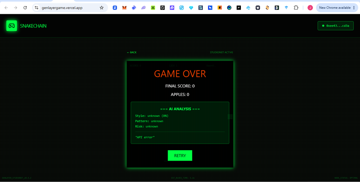 asherwins44's tweet photo. 3rd project I tested: GenLayer Game https://t.co/k7G01cWg99
The snake game was a bit challenging at the start, but once I understood it, I really enjoyed the experience. https://t.co/sPpH4SUUBa