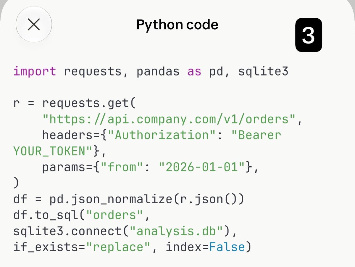 big_data_eng's tweet photo. الفكرة إنك مش محتاج تبقى DBA. الربط ده بسكريبت Python صغير، والجزء الأصعب هو الصلاحيات مش الكود.

1. الأول اعرف مين مسؤول دلوقتي اسأل الـ IT أو فريق الـ backend/DevOps: "مين owner قاعدة SQL Server دلوقتي؟" واطلب منهم:
•حساب read-only باسمك
•يفضل يكون على replica أو reporting DB عشان شغلك ما توقفش التطبيق الحقيقي
•اسم السيرفر، اسم الداتابيز، والبورت

2. من SQL Server لـ SQLite (نسخة محلية للتحليل)
محتاج: pip install pandas sqlalchemy pyodbc، وتنزل ODBC Driver من مايكروسوفت.

3. من API لـ SQLite

اطلب من فريق الـ backend الـ API documentation (Swagger/Postman) وتوكن للقراءة بس.

❌متحطش الباسورد في الكود؛ استخدم environment variables أو ملف .env.
⚠️لو الداتا كبيرة، اسحبها على دفعات (chunksize) وبفلتر تاريخ.
📌لو مش عايز كود خالص، Power BI أو Excel (Get Data) بيتصلوا بـ SQL Server مباشرة.