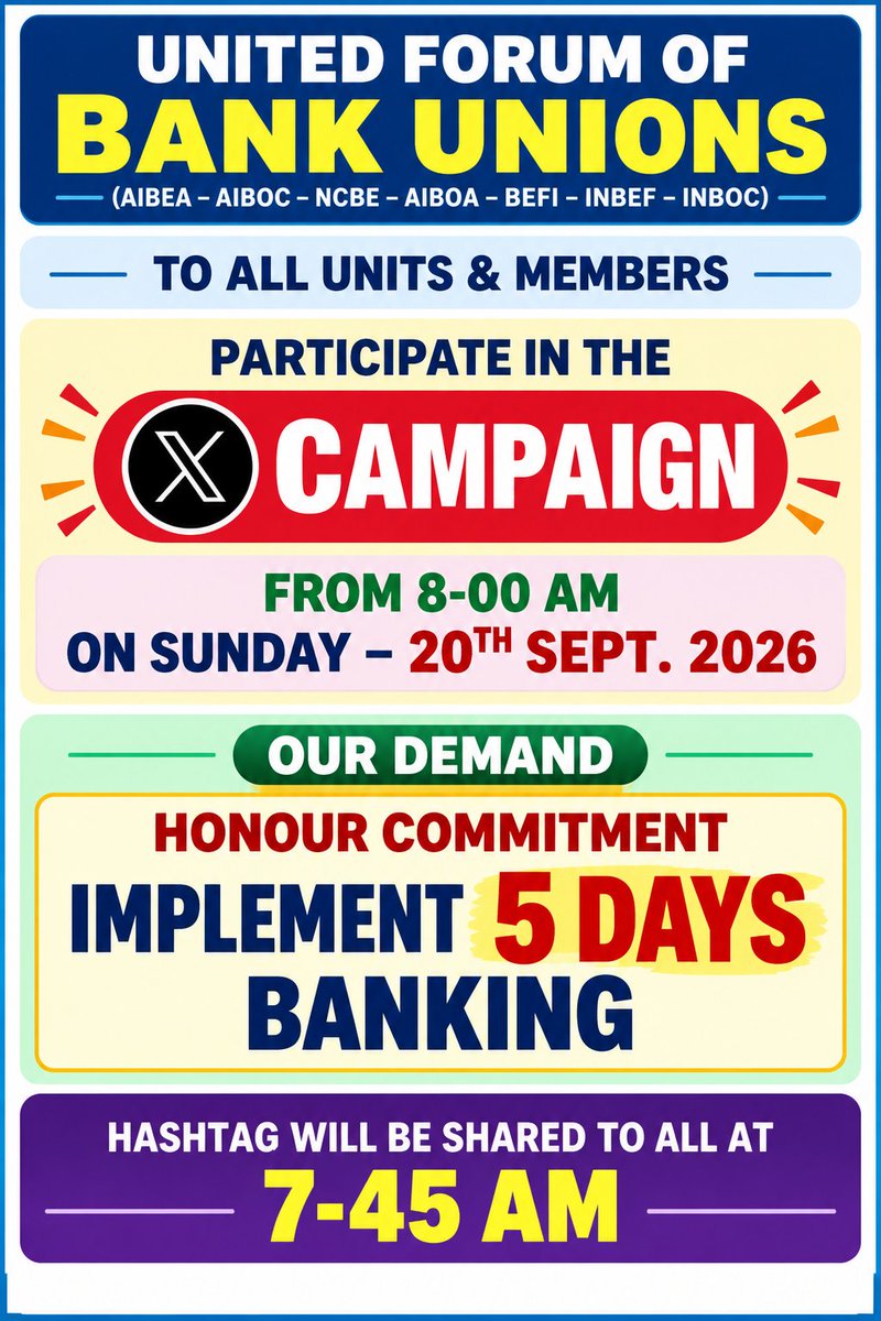 RMithileshSingh's tweet photo. BANK STRIKE IS NOT A CHOICE

In the age of social media, narratives are created within minutes.

A false narrative may say:
“Bankers are on strike by choice.”

But the reality is:

WE ARE COMPELLED TO STRIKE.

The commitment to 5-Day Banking remains unfulfilled, and #5DaysBanking continues to face unnecessary delay.
If we don’t share the facts, others will create the narrative for us.

Raise your voice. 
Share the facts. 
Make people aware.

Participate in X campaign