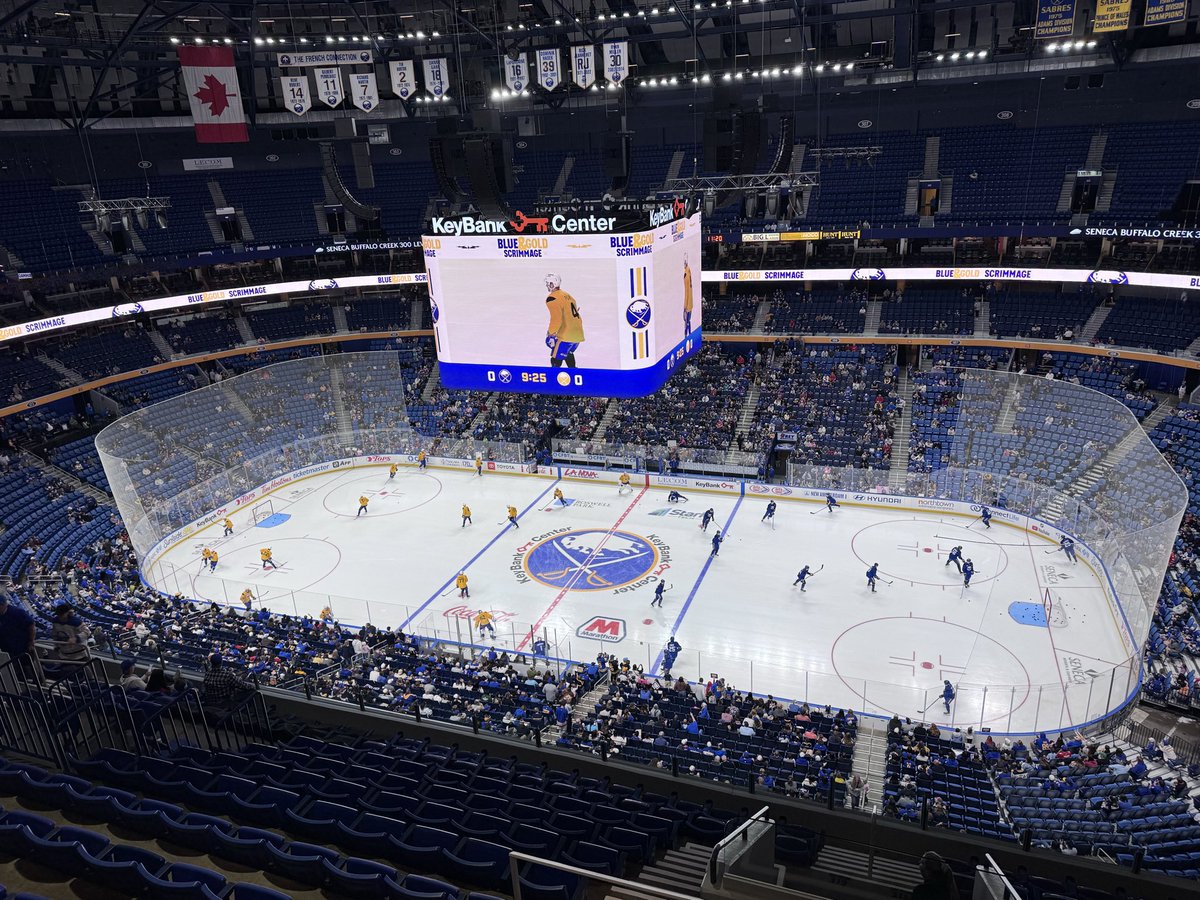 JoeYerdon's tweet photo. Blue and Gold on the ice to warmup for the scrimmage. Dahlin was first guy out and then no one followed him. Cap got a solo lap. https://t.co/bJZCSFkrt3