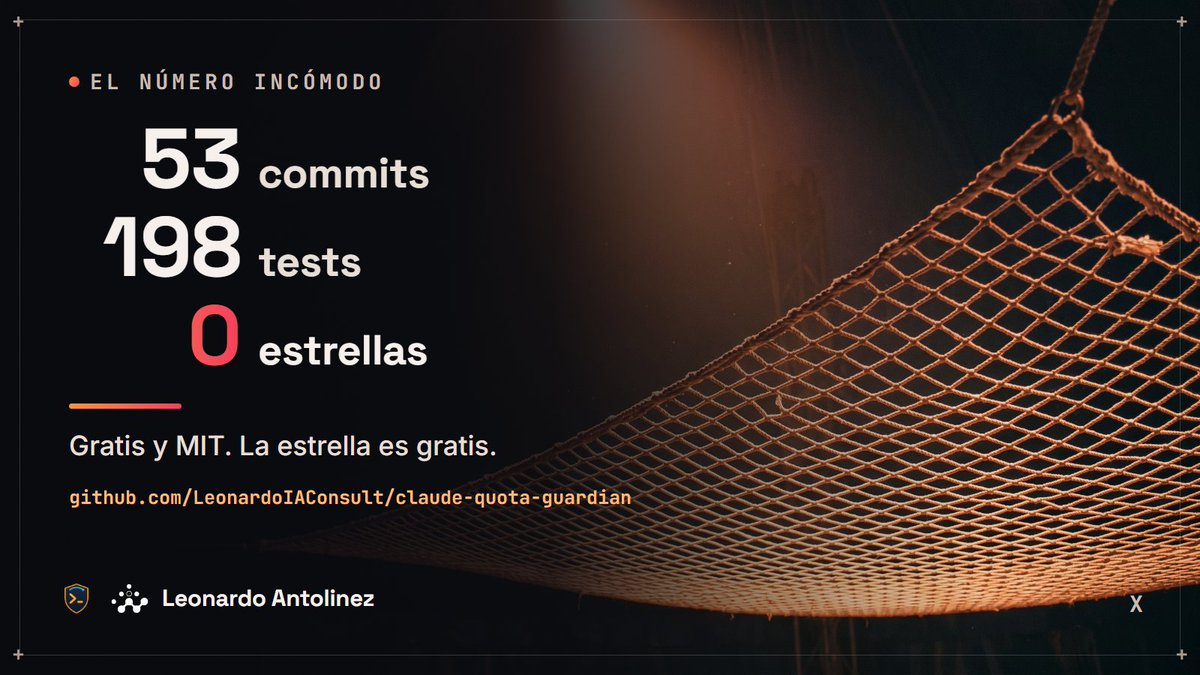 LAntolinezP's tweet photo. 53 commits.
198 tests.
0 estrellas.

Gratis y MIT. Si te sirve, la estrella es gratis y me ayuda a que lo encuentre alguien más.
https://t.co/ehr23XyVDL https://t.co/mexPonYPzc