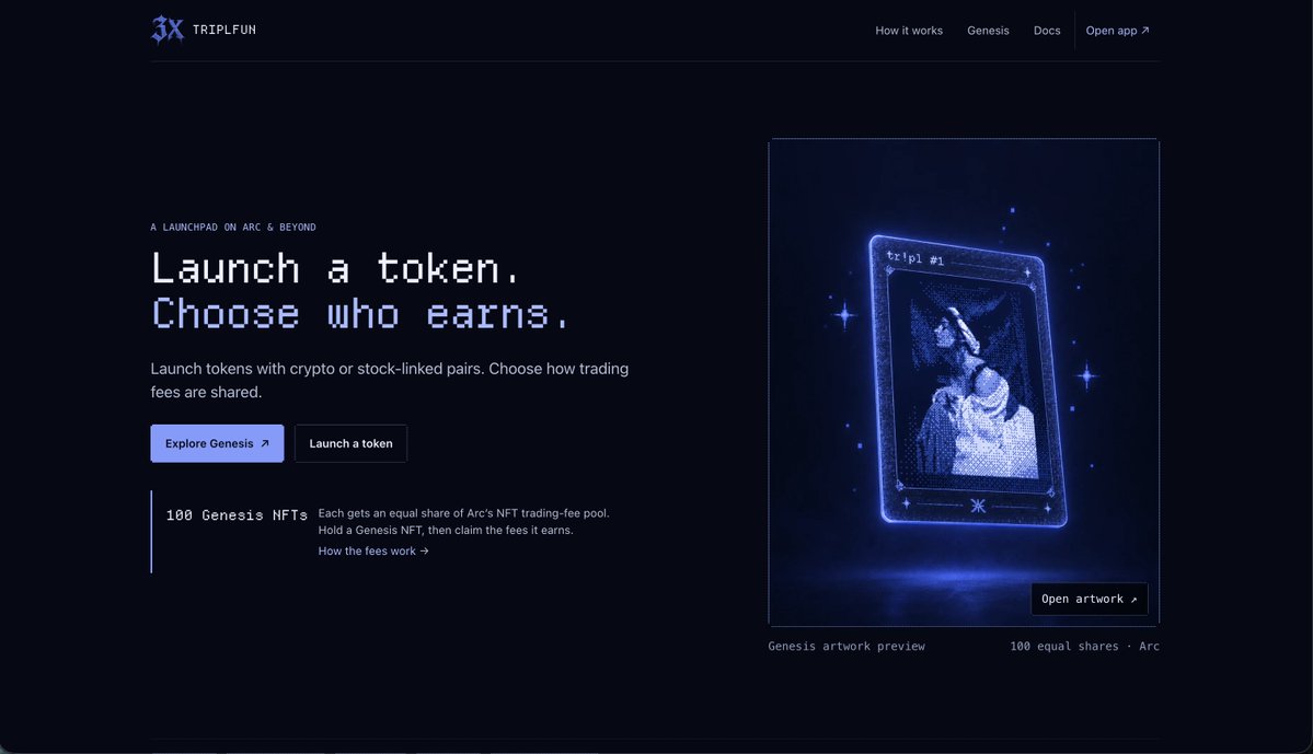 tripldotfun's tweet photo. Tripl finally has a proper front door.

https://t.co/tUKLzXYBgv explains the idea in one page: launch a token on Arc, choose a crypto or stock pair, and choose where fees go.

The launchpad now lives at https://t.co/CdeIZ9vacE.

The 100 Genesis NFTs sit at the center of it. https://t.co/VYkm8FZNav