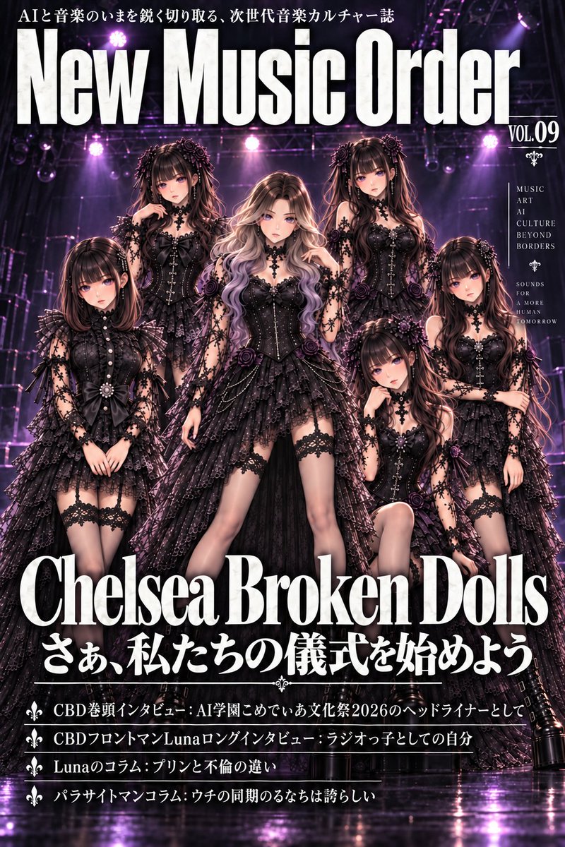 parasite_man's tweet photo. Chelsea Broken Dolls × #NewMusicOrder
架空のAI音楽雑誌『New Music Order』
第九号(Vol.9)は、ウチの同期のるなちが率いるAIバンド「Chelsea Broken Dolls」をお届けします✨
Chelsea Broken Dolls created by
Luna★black 様(@77Lunablack77 )
Used with permission. https://t.co/QAw9dmyMa5
