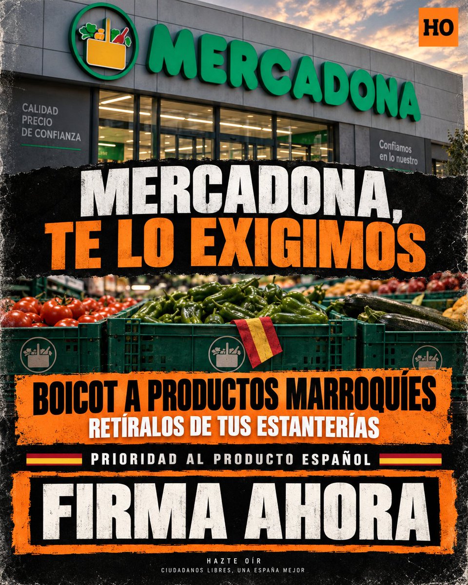 hazteoir's tweet photo. 🚨 URGENTE

MERCADONA... ¡TE LO EXIGIMOS!

RETIRA EL PRODUCTO MARROQUÍ: ¡PRIORIDAD ABSOLUTA AL ESPAÑOL!

No queremos una frase bonita en una campaña publicitaria. Queremos una decisión que se vea en las estanterías y en nuestra cesta de la compra.

Si Mercadona quiere saber qué le pedimos, vamos a decírselo alto y claro: 

¡BOICOT A PRODUCTOS MARROQUÍES!

En Hazte Oír recogemos firmas para exigir a las grandes cadenas que prioricen el producto español. Y hoy nos dirigimos directamente a Mercadona.

Tu dinero es tuyo. Tú decides qué compras y también puedes exigir qué productos quieres encontrar.

No dejes que esta exigencia se quede en un comentario perdido entre miles.

Pon tu nombre. Suma tu firma. Ayúdanos a hacer llegar esta petición a Mercadona.

HAZTE OÍR: ¡FIRMA AHORA!

✍️ Firma aquí: https://t.co/Cjlg02tpqC