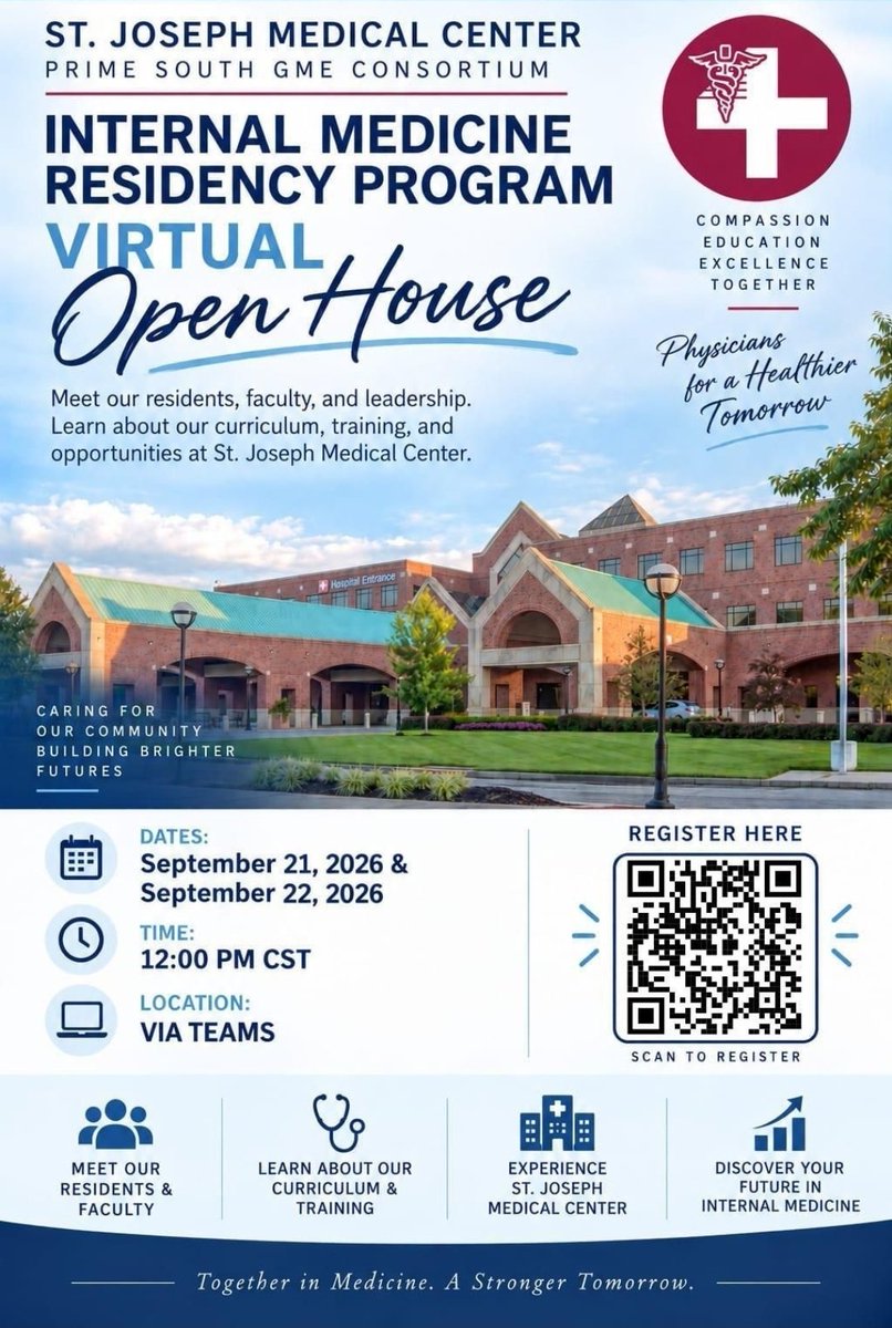AhmadRehanKhan's tweet photo. RESIDENCY VIRTUAL OPEN HOUSES | MATCH 2027

Residency applicants:
Open houses are a great opportunity to meet program leadership and residents, learn about the training environment, and ask questions before interview season.

📍 St. Joseph Medical Center – Internal Medicine 📅 September 21 & 22, 2026
⏰ 12:00 PM CST
💻 Via Microsoft Teams
🔗 Registration QR code on flyer

📍 UT Tyler – Neurology 📅 September 28, 2026
⏰ 7:00 PM CST
📧 NeurologyResidency@uttyler.edu to receive an invitation

Applicants: take advantage of these opportunities. Attend, listen, ask thoughtful questions, and get to know programs beyond what you see on ERAS.

#Match2027 #USMLE #MedTwitter