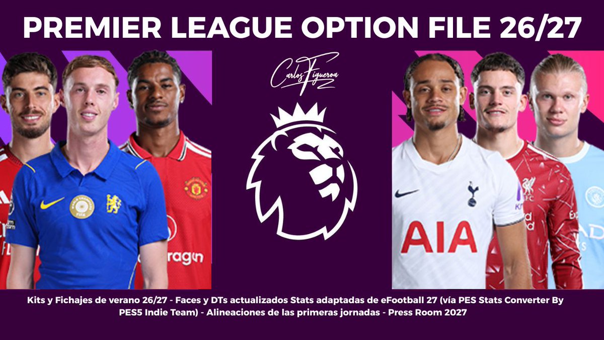 Carloxkitmaker's tweet photo. PREMIER LEAGUE 26/27 OPTION FILE 🏴󠁧󠁢󠁥󠁮󠁧󠁿
Pro Evolution Soccer 2021🎮
By @Carloxkitmaker 
📥 Link de Descarga: https://t.co/ve0tczjs8i
🔁 RT &amp; ♥️ Like para apoyar el proyecto.
#PES2021 #PremierLeague #OptionFile #PESMods #CarloxKitMaker #Temporada2627 https://t.co/4Rgr0agbhj