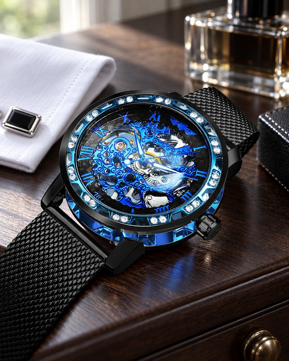 katertomyman's tweet photo. Blue skeleton dial, black mesh strap. Men's Classic Retro Iced-Out Blue Skeleton Mechanical Watch.

https://t.co/3lWsjakEFr

Free Shipping, first in the US. Outside the US, shipping is at checkout. https://t.co/yURtJDd4vm