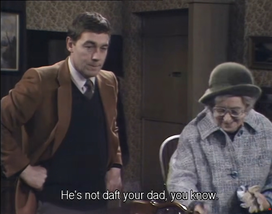 Arianna3076's tweet photo. Peter Guillam and his lovely Gran, Thora Hird. 😊😀💓Michael Jayston, in "Flesh and Blood", wearing exactly the same nice camel jacket as Peter Guillam. 💓 #ThoraHird #MichaelJayston #FleshandBlood #PeterGuillam #TTSS #TinkertailorSoldierSpy #Grandmother #PeterGuillamsGranny https://t.co/vh0kSA2neT