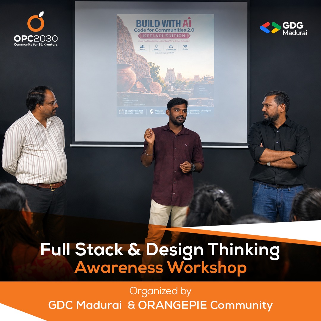 Orangepieai's tweet photo. Our Full Stack &amp; Design Thinking Awareness Workshop, organized by GDG Madurai × OrangePie Community, brought together students, developers, creators, designers and changemakers under one roof.

#OrangePieCommunity #GDGMadurai #LearnConnectGrow #TechCommunity https://t.co/SKedFPp8p0