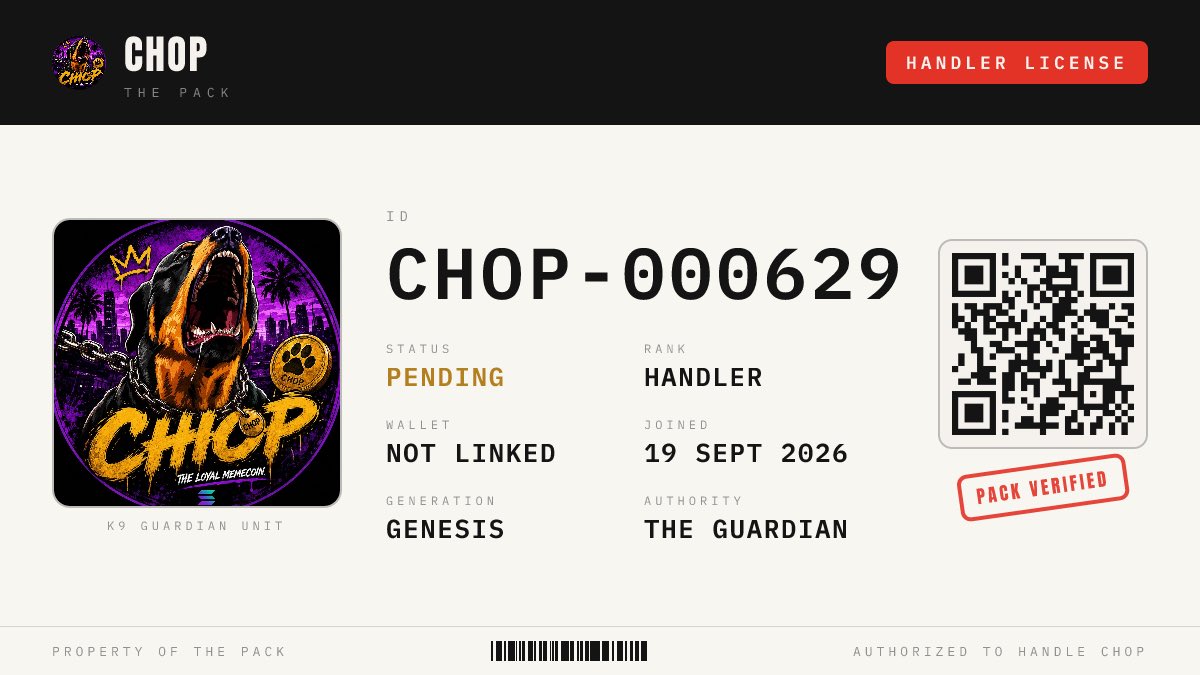 ElSebas_01's tweet photo. Licensed. 🐕⛓️

Handler License: CHOP-000629

The dev burned his whole bag. The Pack runs CHOP now.
Weekly hunts. Airdrops. Real rewards — handlers only.

No license, no cut.

NO HOLDER WALKS ALONE. @ChopThePack

 @EricCryptoman 👁️👇🏽 https://t.co/AepBepygrT