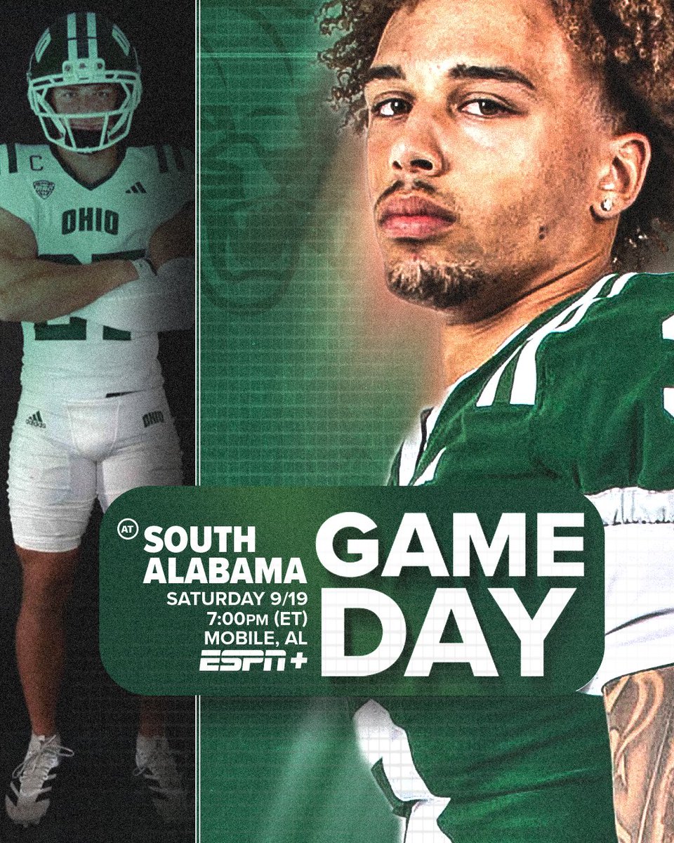 OhioFootball's tweet photo. Athens ➡️ Alabama. It’s Game Day.  

﹫ South Alabama  
📍 Mobile, AL 
⏰ 7:00 PM (ET) 
📺 ESPN+ 
🎧 https://t.co/PLMO5yTxEc
📊 https://t.co/ahu73XBXah
📖 https://t.co/JjRPGXvo7O https://t.co/7pgD5ie7Aq