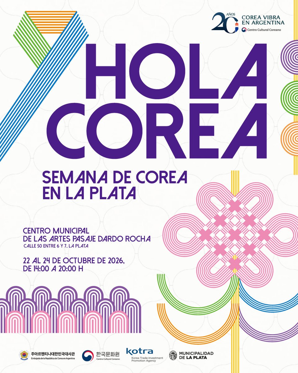 CCCoreanoArg's tweet photo. 🇰🇷 ¡HOLA COREA llega a La Plata! 💜

Del 22 al 24 de octubre, el Pasaje Dardo Rocha se llena de Corea con una programación especial para disfrutar de K-POP, K-beauty, talleres y muchas experiencias culturales.

descubrí toda la programación: https://t.co/udRo8VGbVJ https://t.co/nwMHcUfqLq