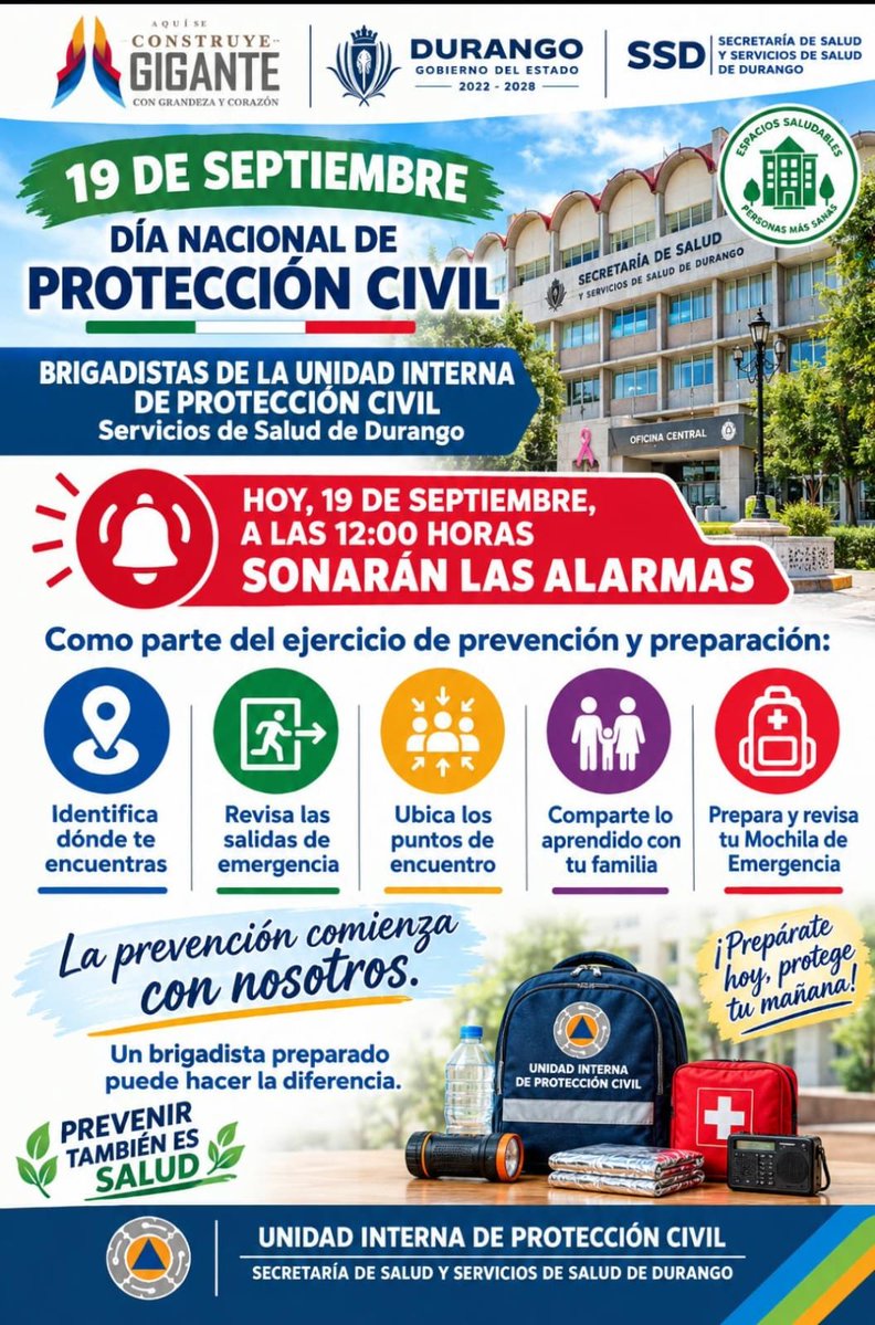 SSDurango's tweet photo. 📢 ¡Hoy es el día! El #SegundoSimulacroNacional2026 nos pone a prueba a todas y todos.

¿Ya están listas y listos? 
⏰️En punto de las 12:00 horas sonarán las alarmas. 
Súmate con tu familia, amistades o desde donde te encuentres, lo importante es participar. https://t.co/H7eY39Otoa