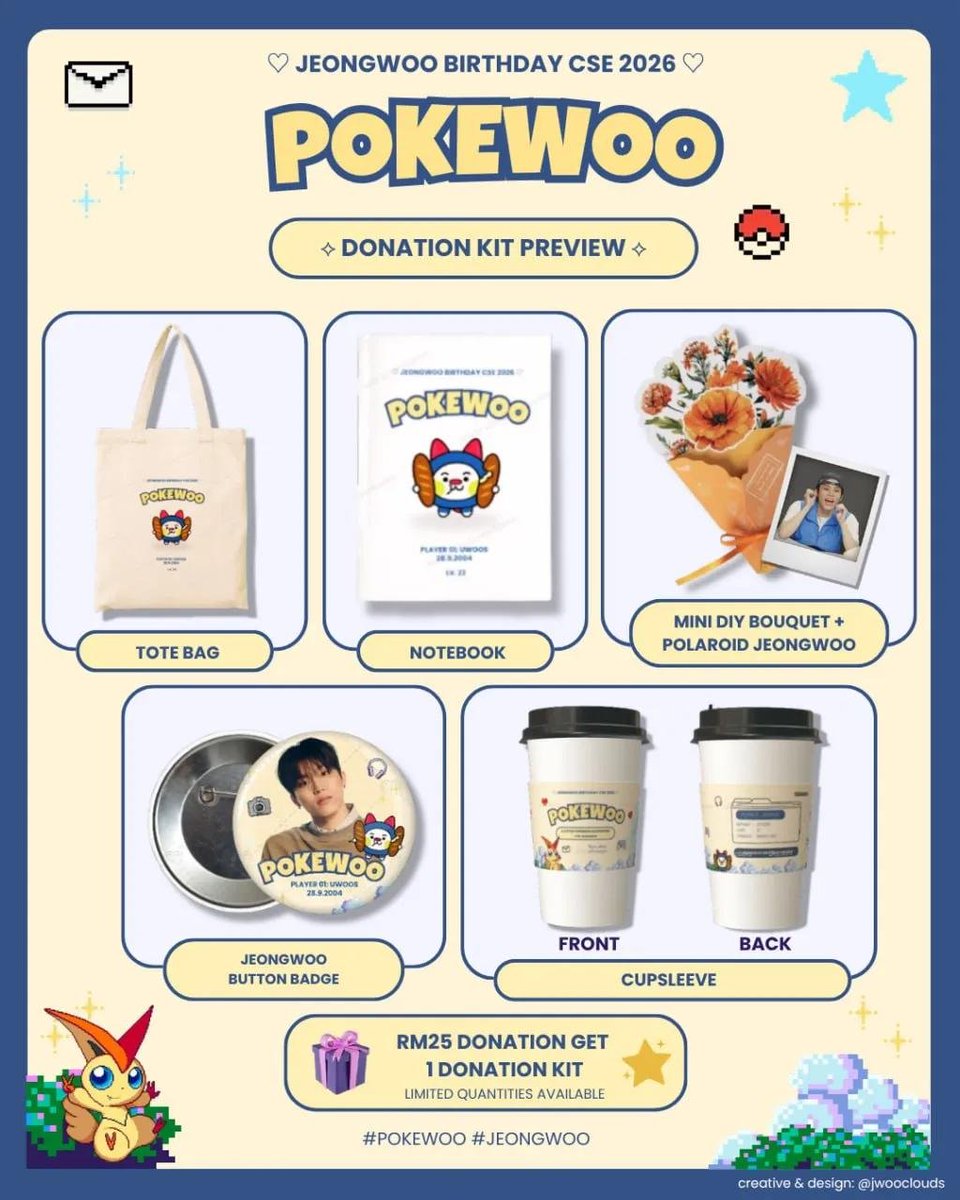 junkyulov3's tweet photo. ★ 𝐏𝐎𝐊É𝐖𝐎𝐎 — 𝐉𝐄𝐎𝐍𝐆𝐖𝐎𝐎 𝐁𝐃𝐀𝐘 𝐂𝐒𝐄 𝟐𝟎𝟐𝟔 ★

🎁 RM25 = 1 POKÉWOO Donation Kit! 💙
Tote Bag • Notebook • DIY Bouquet • Polaroid • Badge • Cupsleeve

♡ Come celebrate Jeongwoo with us, UWOOS! 🐺✨ https://t.co/vtEq4IZ5vn