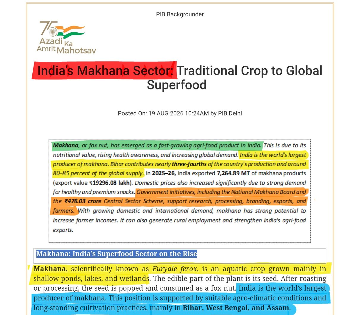 jagmohanmehta's tweet photo. India is the world’s largest producer of Makhana (fox nut) with 80% to 85% of global production.

Bihar accounts for nearly 75% of India’s Makhana production and contributes around 80-85% of the global supply.

“Mithila Makhana” has been granted a GI Tag.

National Makhana Board board established in 2025 for strengthening and modernizing India's Makhana sector.

Makhana is an aquatic crop grown mainly in shallow ponds, lakes, and wetlands.

🔴 Read PIB Article: https://t.co/9zEyRXFqSy

#Makhana #Bihar #UPSC #PIB #UPSC2027