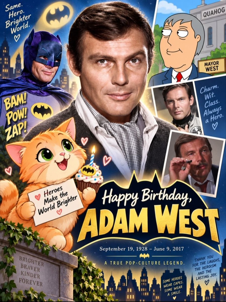 PeachProof23's tweet photo. Some actors play a superhero. Adam West made one unforgettable.

Born September 19, 1928, West brought Batman to life with a style nobody else could duplicate—cool, wonderfully campy, and completely committed. Decades later, he was still making new generations laugh as Mayor West on Family Guy.

Today would have been his 98th birthday.

From the Batcave to Quahog, there was only one Adam West. A true pop-culture legend who never stopped being fun.