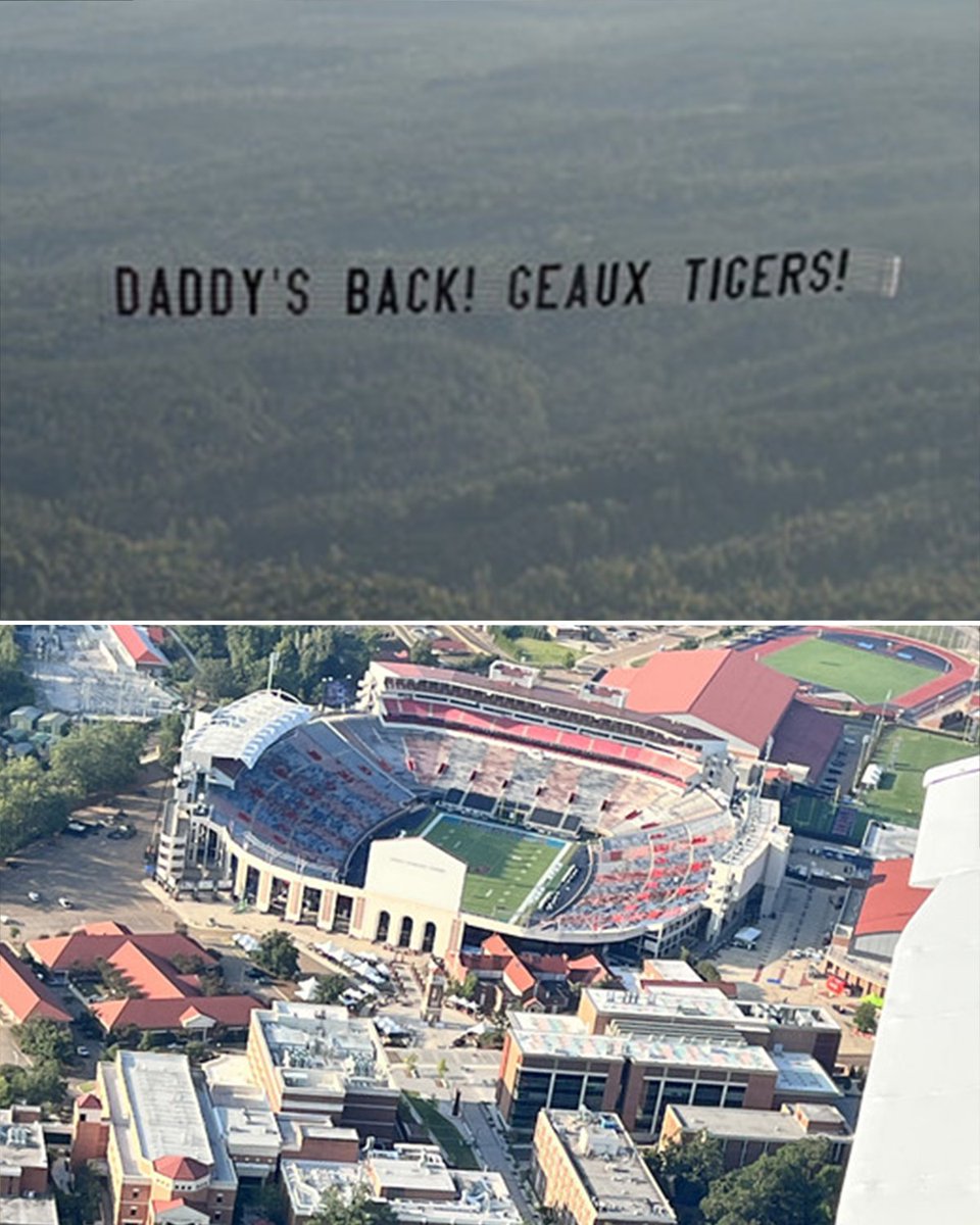DraftKings's tweet photo. There's nothing quite like SEC rivalries ‼️

One LSU fan is currently flying a “Daddy’s Back - Geaux Tigers” sign over Oxford, Mississippi 🤣

(h/t @TigerDroppings) https://t.co/aD8rcbLiuQ