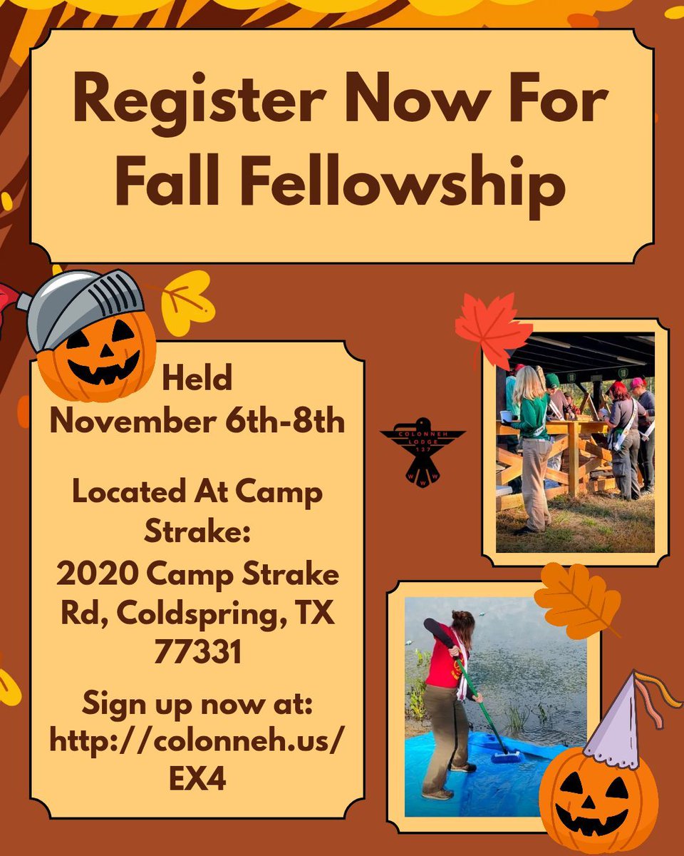 oashac's tweet photo. Every start getting ready for a fun filled time at Fall Fellowship! Register at now at: https://t.co/7agI75jwa1
#Colonneh #Lodge137 #SHAC #SamHoustonAreaCouncil #OrderoftheArrow https://t.co/Vi1xEuqk1C