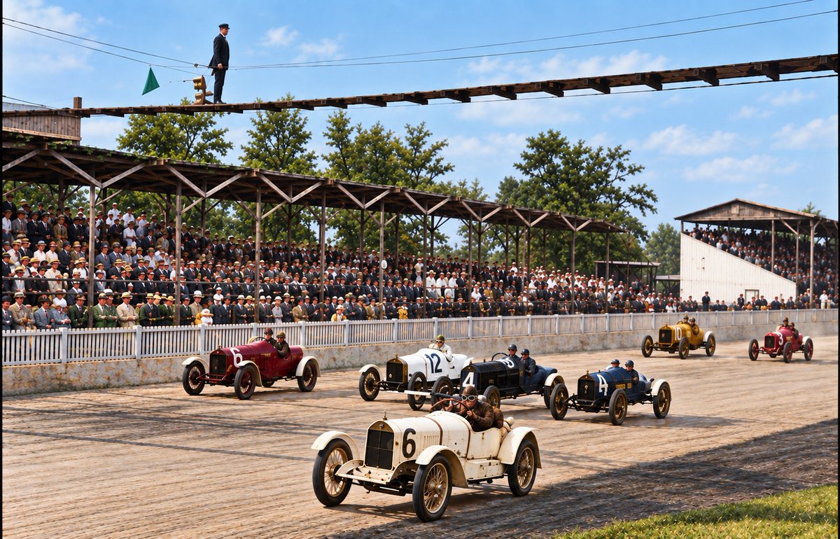 1Superspeedway's tweet photo. Driver Johnny Aitken swept the three Harvest Classic Races at the Indianapolis Motor Speedway on September 9, 1916. This picture shows the starting formation of the feature event, a 100-miler. Speedway President Carl Fisher drove the pace car (6). https://t.co/MFVYmk1rbC https://t.co/epnRo1yuIm
