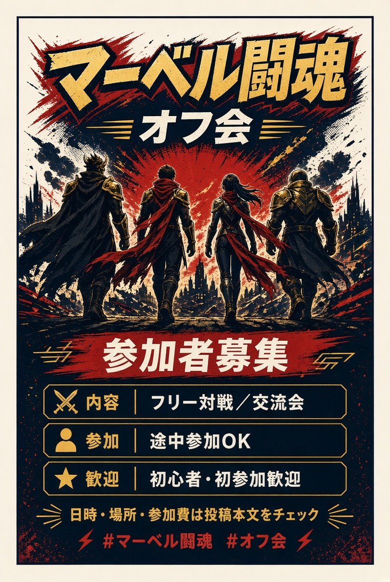 MarvelGames_JP's tweet photo. 告知！！！！
【マーベル闘魂 オフ対戦会】
日時：10/10 20:00〜
場所：e-sports cafe&bar e-spopia（最寄駅　新潟駅）
参加費：2000円 （フリードリンク）
内容：フリー対戦／初心者歓迎／途中参加OK/アケコン、パッド貸出あり/アケコン持参OK/アメコミトークのみでももちろんOK/マブカプなど過去のマーベル作品もプレイ可能。
申込：このポストにリプライ。またはこのアカウントにDM。
まだ触ったことがないプレイヤーさん、初心者さんは一緒にプレイしながら楽しみましょう。アメコミトークしたい人なども大歓迎ですお気軽にどうぞ。
#マーベル闘魂 #MARVELTokon #オフ会 #格ゲーオフ　#マーベルファイティングソウル #MarvelFightingSouls #PS5 #steam