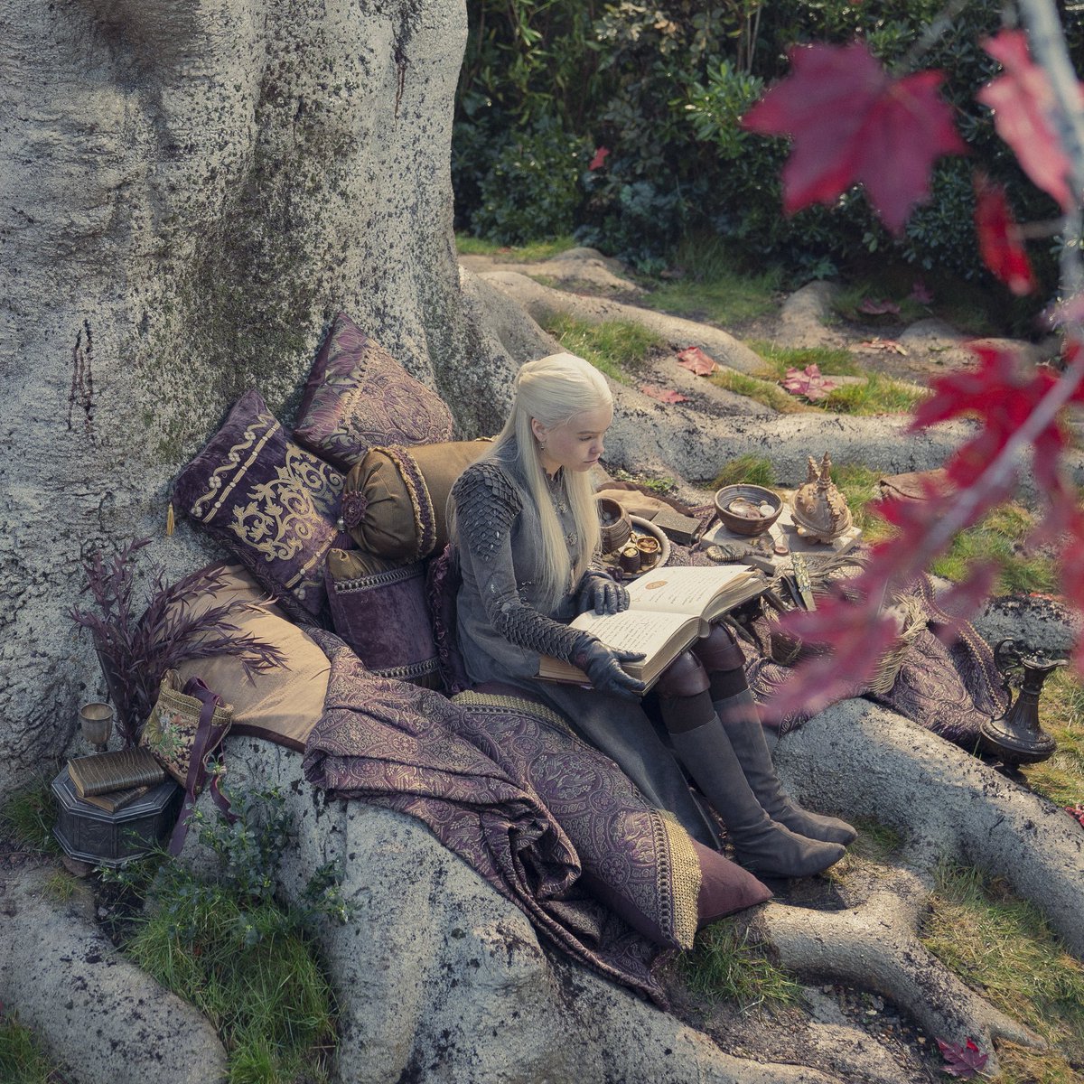 itshelenwhat's tweet photo. rhaenyra with her purple cushions, blanket and purple visenya tote ☺️🫶 i wish they gave rhaenyra a purple outfit too 💜 https://t.co/nN5yQbBox2