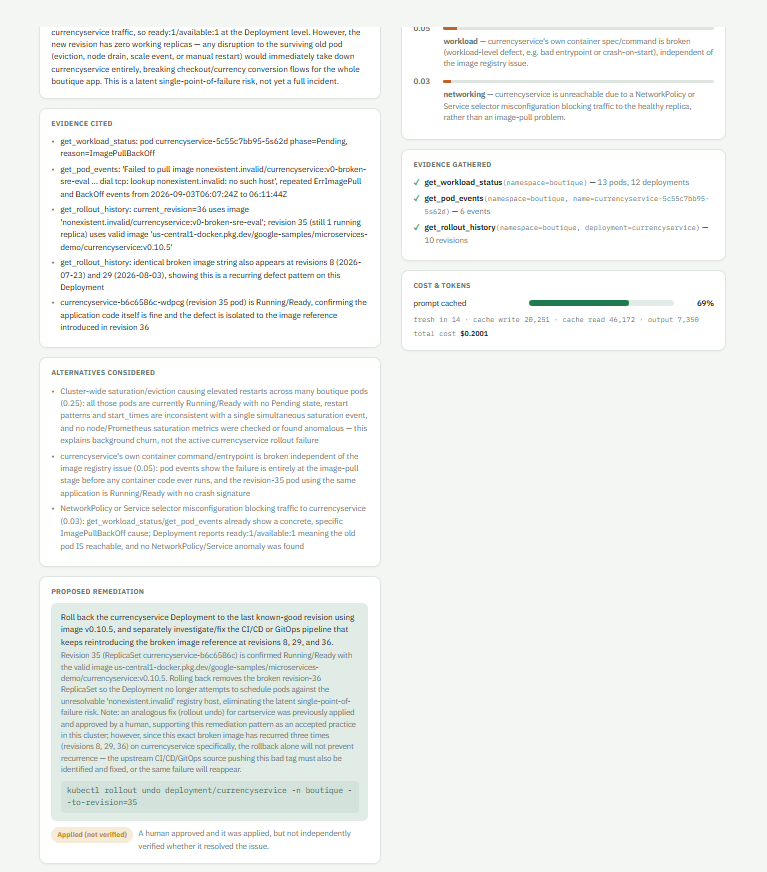 Sarang_Tagad's tweet photo. (5/5) 📊 A live dashboard. A Streamlit dashboard shows incident history, approval outcomes, verification status, and cost economics across every run. Following is the incident investigation shows at our streamlit dashboard. https://t.co/gXMXWcGq84