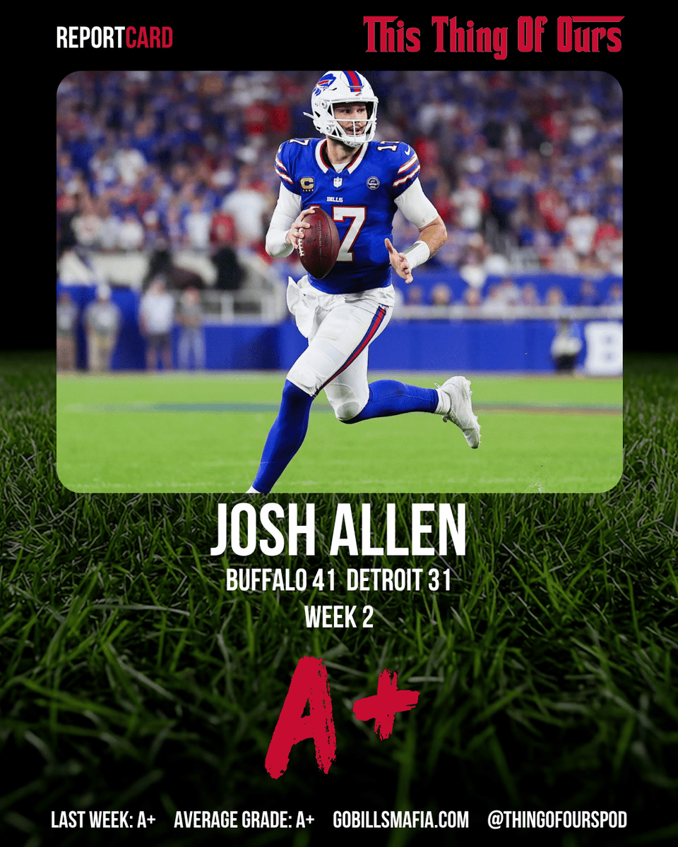 ThingOfOursPod's tweet photo. Week 2 Report Cards: Weekly Grades for Joe Brady, Jim Leonhard, Jeff Rodgers, and Josh Allen. Grades explained in the latest pod: https://t.co/YfeHu3IfdT #GoBills #BillsMafia #ThisThingOfOurs https://t.co/vLiPjmQNj1