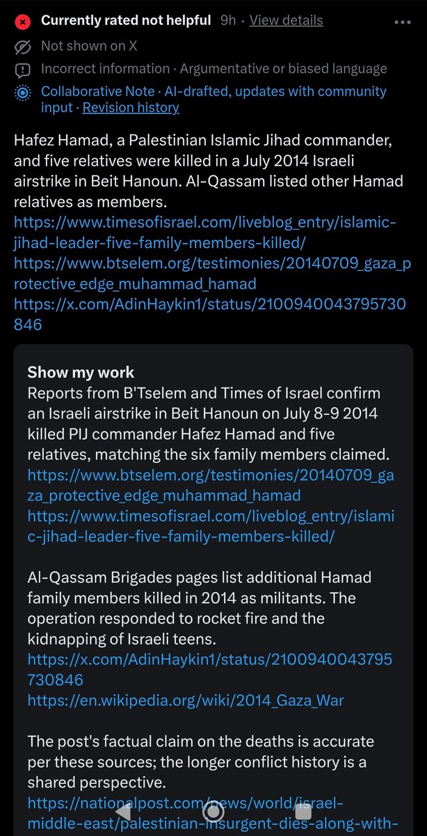 AlexMilman2's tweet photo. @OmarHamadD Grok accurately identified your 6 family members as active members of terrorist organizations.
But the community nite was downvoted. Hmm... I wonder why... 🤔 https://t.co/e7c22NcXm8