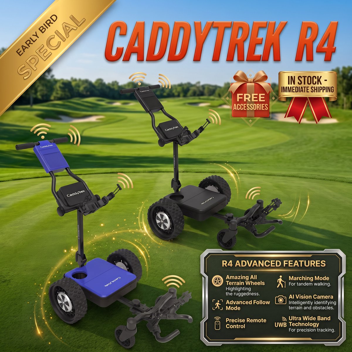 motogolfcom's tweet photo. Caddytrek R4 is finally here and ready to start shipping next week. Get yours today while the price is still at the early bird special price. Price goes up Oct 1! Go check it out at https://t.co/msjHq59otE  #caddytrek #electricgolfcaddy #golf #ai #technology #golfgear #walkthecourse
