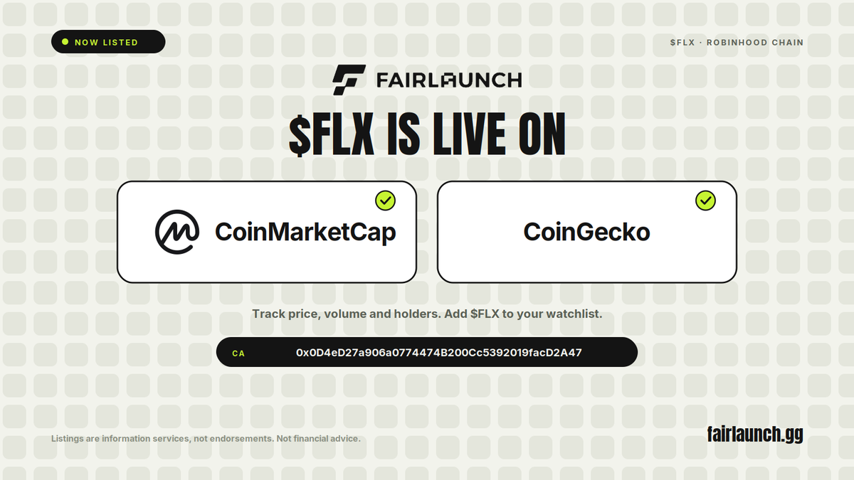 FairLaunchGG's tweet photo. $FLX is now live on @CoinMarketCap and @coingecko.

Track price, volume and holders, and add it to your watchlist. https://t.co/TBgg9yNvHa