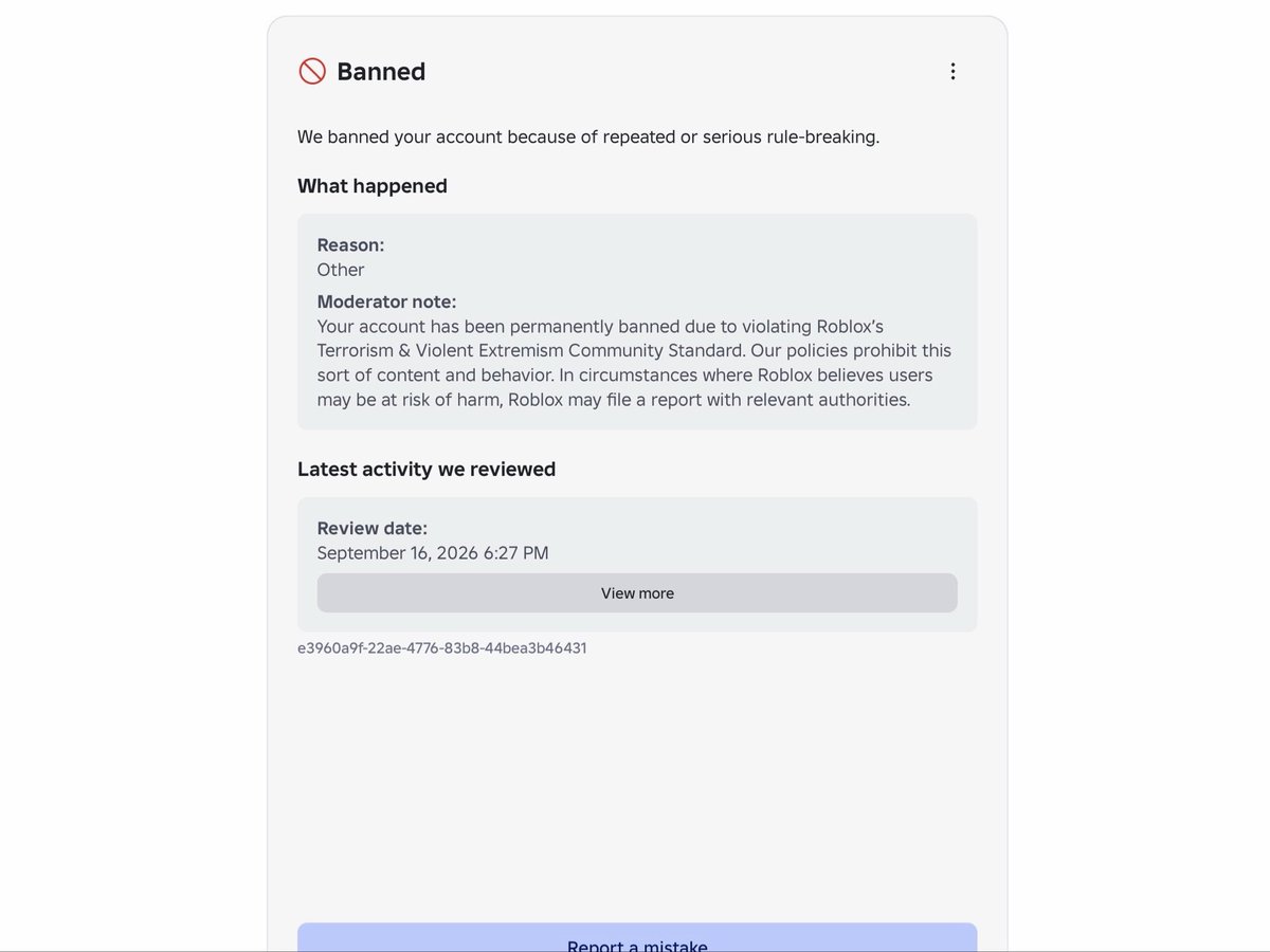 alchemisedx's tweet photo. please look into my roblox account. it was falsely terminated, no new violations and my account was in fair status. user: puppimeows 
@Roblox #robloxhelp #robloxban https://t.co/BPM5k2nZ3f