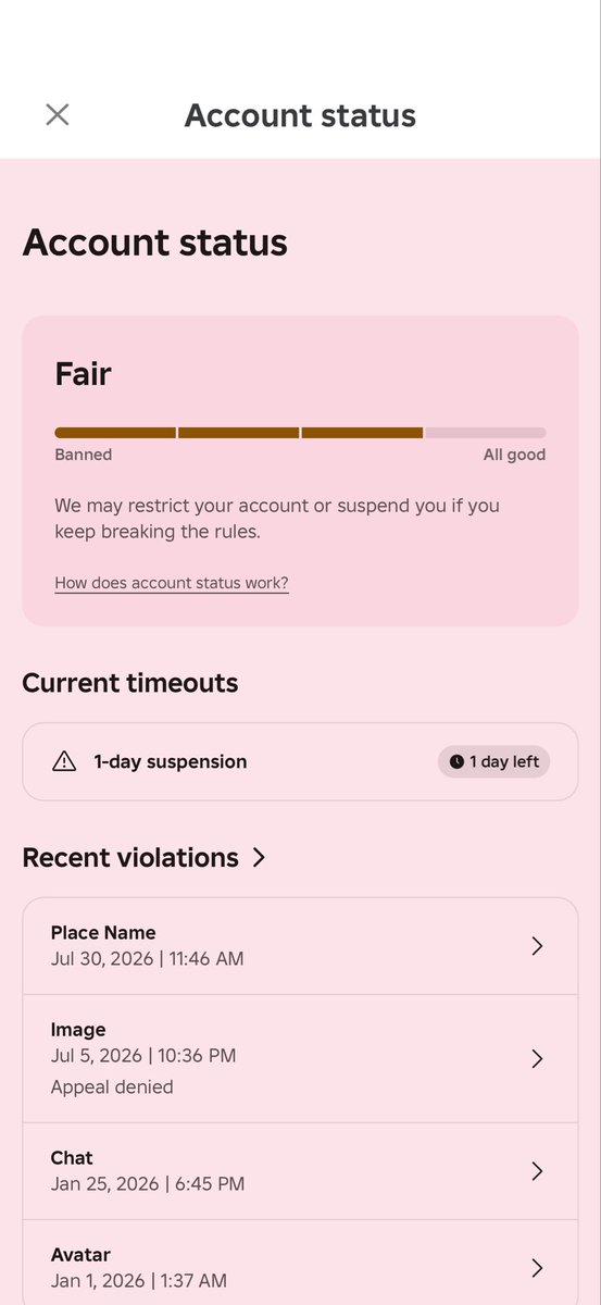 alchemisedx's tweet photo. please look into my roblox account. it was falsely terminated, no new violations and my account was in fair status. user: puppimeows 
@Roblox #robloxhelp #robloxban https://t.co/BPM5k2nZ3f