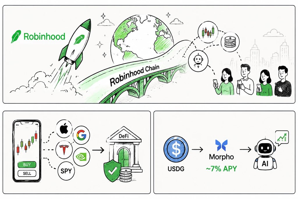 Aobing_1463's tweet photo. Robinhood 正在把 Stablecoin 和 DeFi 放进自己的金融体系。

现在的逻辑其实很简单：USDG → Morpho → Lending → Yield

用户可以通过 Robinhood 使用 USDG，然后将资金用于 Morpho 的借贷市场，通过提供流动性获得收益。

这件事有意思的地方在于：
过去 Robinhood 更像一个 Trading App，用户主要在这里买股票、Crypto。
但现在，它正在逐渐加入 Stablecoin、Lending、DeFi 等链上金融功能。

如果这个模式继续扩大，Robinhood 可能正在从一个传统 Trading App，慢慢变成一个连接 Trading × Stablecoin × DeFi 的 Onchain Financial Platform。
