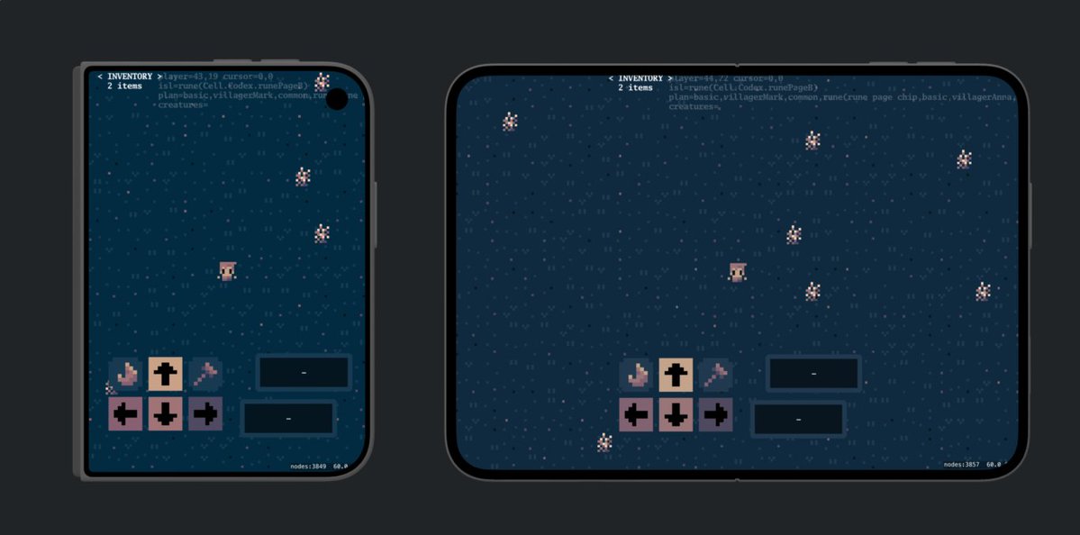 krisshamloo's tweet photo. First run of Dungeon Cell on the iPhone Duo simulator. Will need to layout some stuff differently. https://t.co/P8lkTvu6Ey