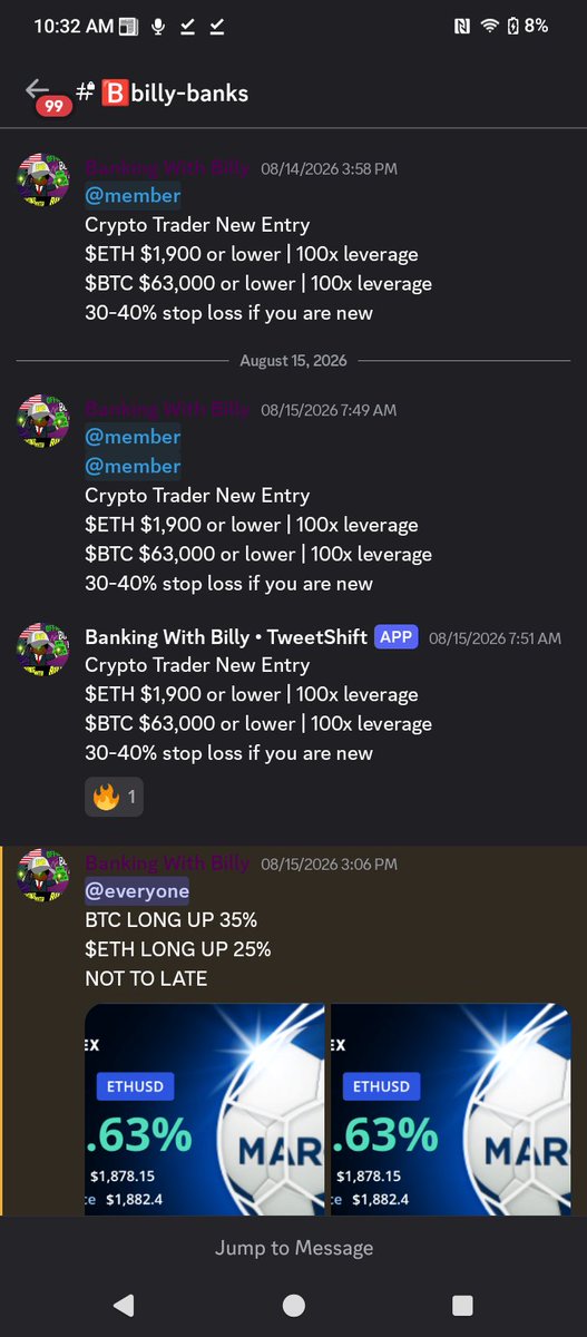 Crypto Trader Update
YOUR $ETH LONG IS NOW UP 4,100%
YOUR $BTC LONG IS NOW UP 3,000%
Remember 30-40% stop loss if you are new
Note I attached my Early entry ale