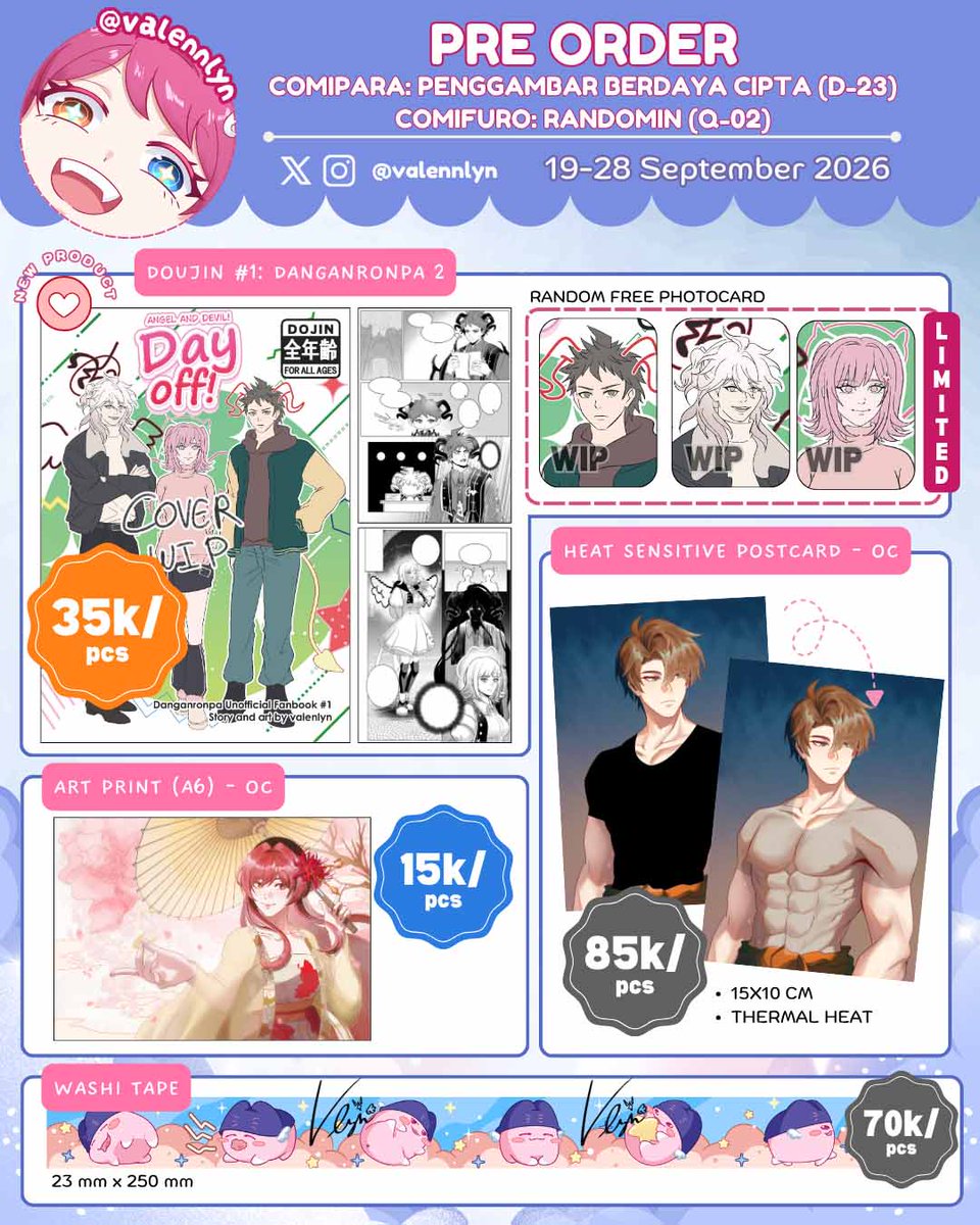 Valennlyn's tweet photo. ✦🩷&amp;🔄Thankyou!✦
My Pre Order #CF23 #Comipara7 is open!

🌟: Comipara (D-23) CF23 (Q-02) || Both Days
🗓️: 19-28 Sep 2026

ʚ• Original - Omori - DR1/2/V3 - HSR - Vocaloid - KPDH- Silent hill f •ɞ  

NEW ENTRIES: Danganronpa dj

🔽Form Link
#CF23catalogue #Comipara7catalogue https://t.co/d5cEBA3HMl