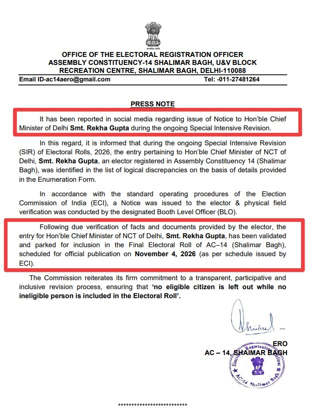 zoo_bear's tweet photo. Wow! So even @CeodelhiOffice @ECISVEEP didn't know that Chief Minister of Delhi @gupta_rekha was issued an SIR notice? They got to know only after we tweeted it? 🤔 

Anyways, Now that ECI has clarified the SIR notice issued to Delhi Chief Minister Rekha Gupta.

We identified her name in the notice list at around 3:30 PM today. Within a few hours, ERO releases a statement saying that her case had been verified and cleared for inclusion in the final electoral roll.

We welcome the clarification. However, a few questions remain:

Was the exact same procedure followed in this case as it would be for 32.27 lakh ordinary electors who received notices in Delhi? 

• When was the notice issued and served to Rekha Gupta?
• What was the scheduled date of hearing/verification?
• When were the required documents submitted?
• When was the ERO/BLO verification conducted?
• Who disposed of the notice, and when?
• Was the case processed on an expedited basis?

• Are you saying, all this happened within a span of a few hours? 

We request the ECI to disclose the actual workflow and timeline followed in this particular case, so there is complete transparency.

32.27 lakh ordinary electors have received SIR notices. Several Prominent electors have received notices.

Will the same urgency, verification process and procedural standards now be followed in their cases as well?

We are not making an allegation of preferential treatment.

We are simply asking for the same process, same scrutiny and same transparency for every elector in India.