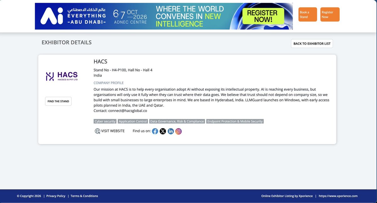 Hacshq's tweet photo. Ai Everything Abu Dhabi. ADNEC, Hall 4, stand H4-P100, 6 to 7 October.

See LLMGuard by HACS: every prompt checked with in the organisation environment before it leaves the network.

Working out your AI rules? Book 15 minutes: WhatsApp +91 9441008990

#AiEverythingGlobal #LLMGuardByHACS #AISecurity