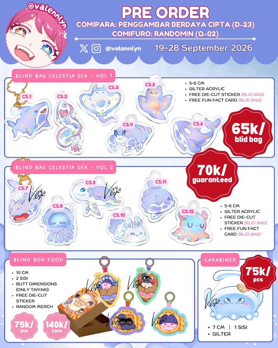 Valennlyn's tweet photo. ✦🩷&amp;🔄Thankyou!✦
My Pre Order #CF23 #Comipara7 is open!

🌟: Comipara (D-23) CF23 (Q-02) || Both Days
🗓️: 19-28 Sep 2026

ʚ• Original - Omori - DR1/2/V3 - HSR - Vocaloid - KPDH- Silent hill f •ɞ  

NEW ENTRIES: Danganronpa dj

🔽Form Link
#CF23catalogue #Comipara7catalogue https://t.co/d5cEBA3HMl