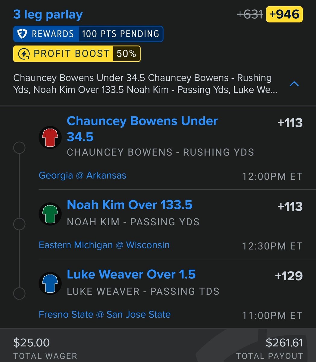 PGLProps's tweet photo. CFB 3 Leg Play! (+946 w/ Boost)

#Fanduel #CFB https://t.co/EAaYBQTXfh