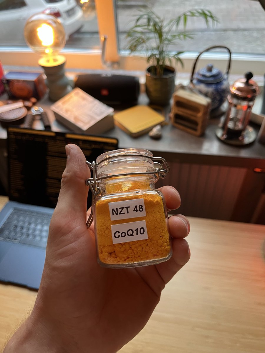 MetabolicMystic's tweet photo. I don’t think I’ve ever felt as alive as when on 300mg of CoQ10:

- Sights are brighter
- Sounds are crisper
- Thoughts are clearer

Quite expensive but damn worth it

(Yes ik the glass container is a terrible idea)
